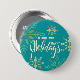 Happy holidays Christmas gold snowflakes green 7.5 Cm Round Badge