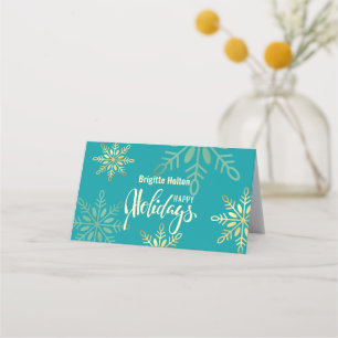 Happy holidays Christmas, gold snowflakes green Place Card