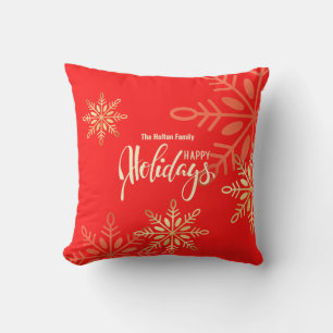 Happy holidays Christmas gold snowflakes red Cushion