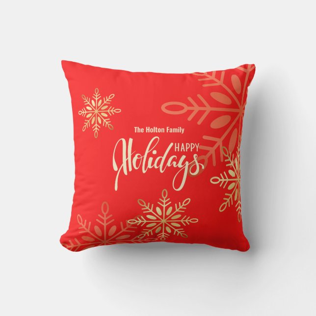 Happy holidays Christmas gold snowflakes red Cushion (Front)