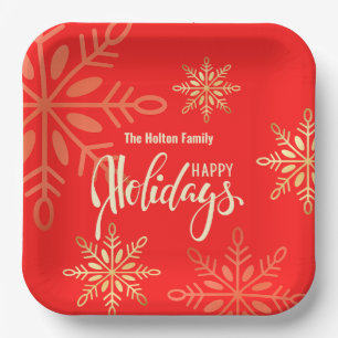 Happy holidays Christmas gold snowflakes, red Paper Plate