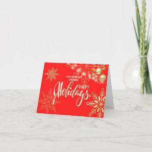 Happy holidays christmas, gold snowflakes, red thank you card