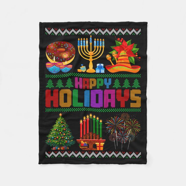 Happy Holidays Christmas Hanukkah Kwanzaa Happy Ne Fleece Blanket (Front)