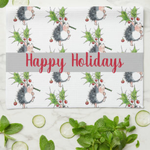 Happy Holidays Christmas Hedgehog   Tea Towel