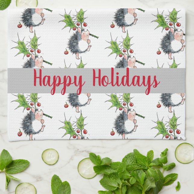 Happy Holidays Christmas Hedgehog   Tea Towel (Folded)