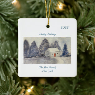 Happy Holidays Christmas Holiday Snowy Cottage Ceramic Ornament