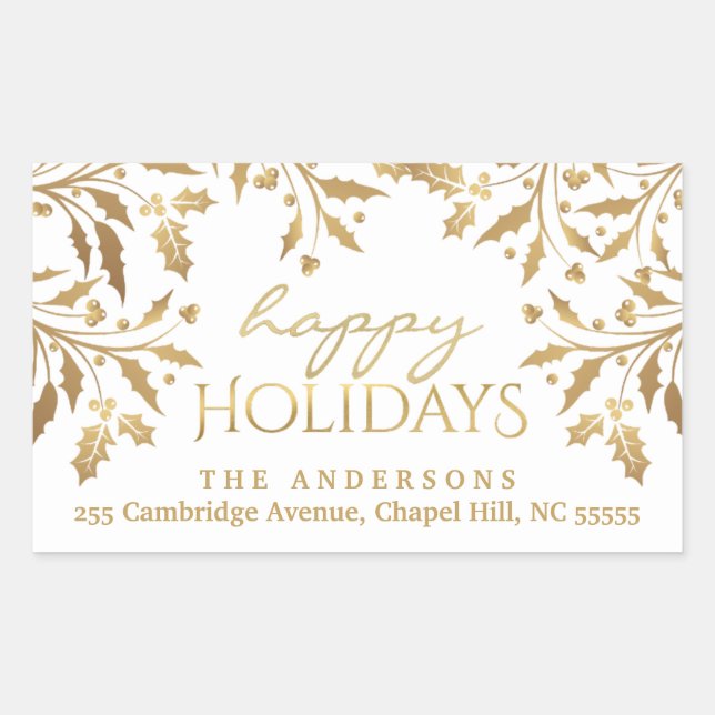 Happy Holidays Christmas Holly Garland Gold Rectangular Sticker (Front)
