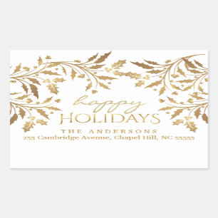 Happy Holidays Christmas Holly Garland Gold Rectangular Sticker