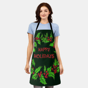 Happy Holidays Christmas Holly Wreath Apron
