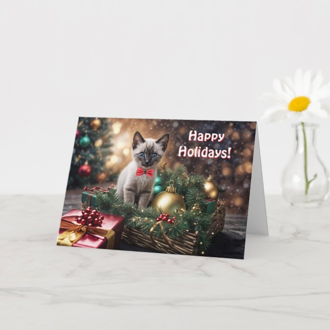 Happy Holidays Christmas Kitten Siamese Type Cat  Card (Small Plant)