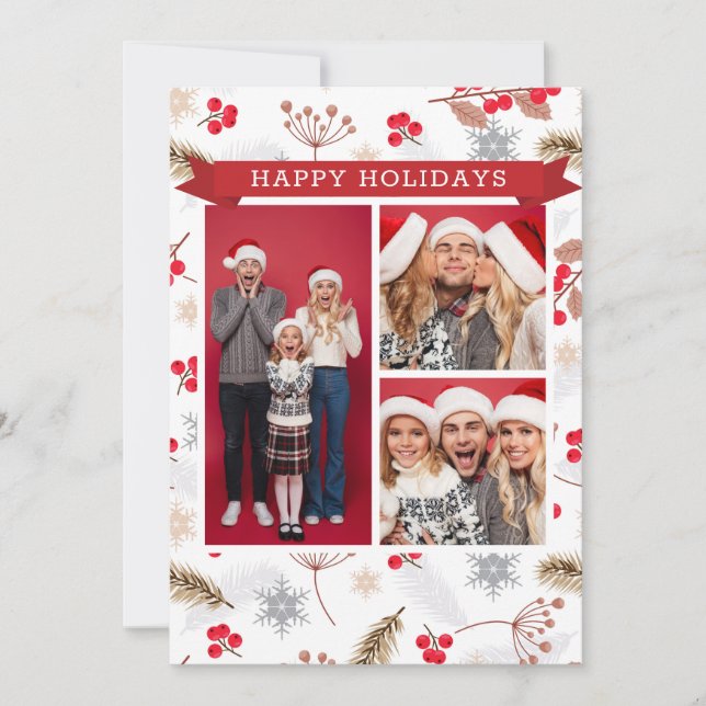 Happy Holidays Christmas Modern Fir Holly 3 Photo (Front)