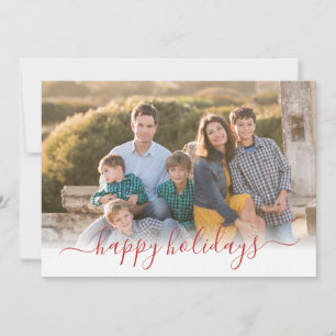 Happy Holidays Christmas Modern Red Script 3 Photo Holiday Card