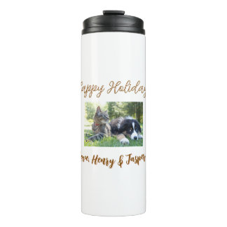 happy holidays christmas pet dog cat photo name thermal tumbler