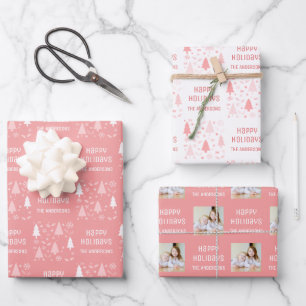 Happy Holidays Christmas Photo Pink Wrapping Paper Sheet