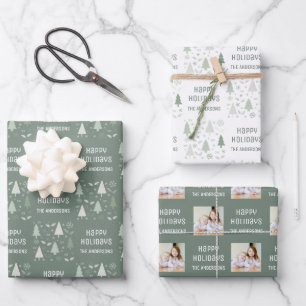 Happy Holidays Christmas Photo Sage Green Wrapping Paper Sheet