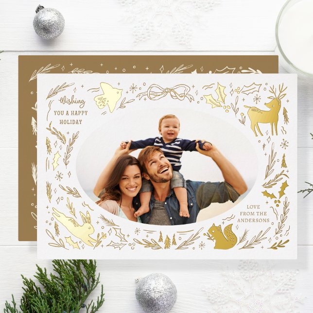 Happy Holidays Christmas Photo Woodland Doodle Foil Holiday Card (Creator Uploaded)