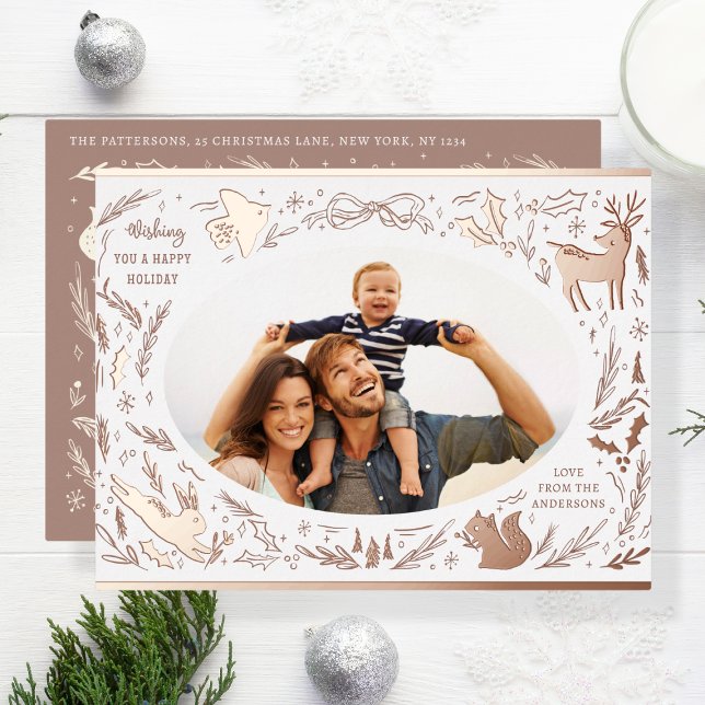 Happy Holidays Christmas Photo Woodland Doodle Foil Holiday Postcard (Creator Uploaded)