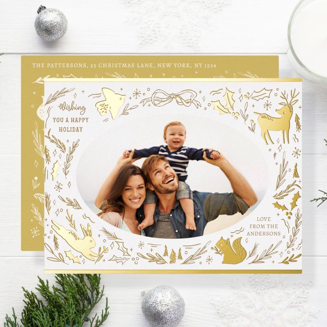 Happy Holidays Christmas Photo Woodland Doodle Foil Holiday Postcard (Creator Uploaded)