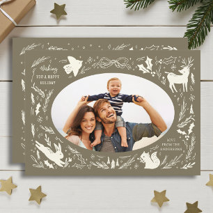 Happy Holidays Christmas Photo Woodland Doodle Holiday Card