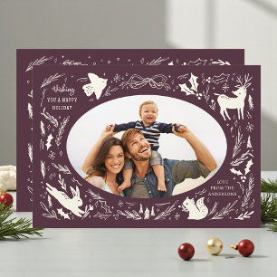 Happy Holidays Christmas Photo Woodland Doodle Holiday Card