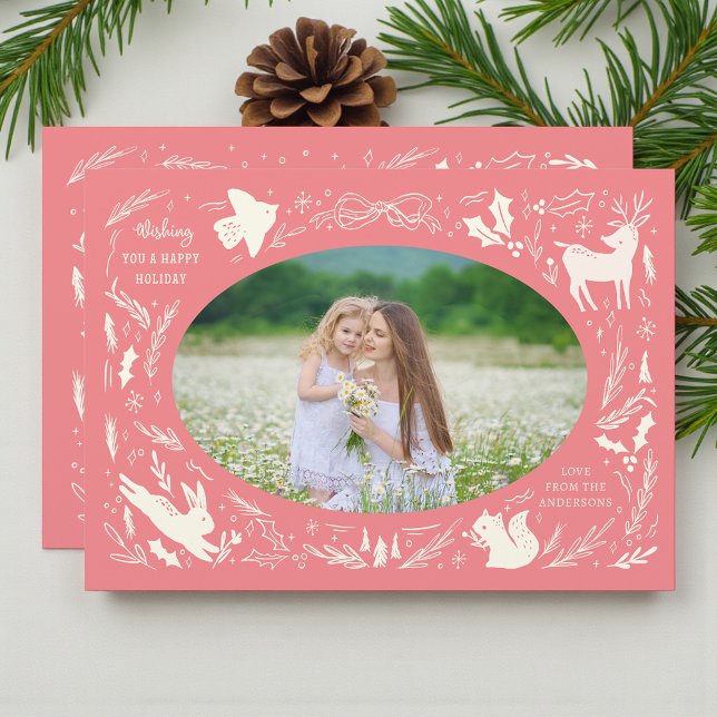 Happy Holidays Christmas Photo Woodland Doodle Holiday Card (Creator Uploaded)