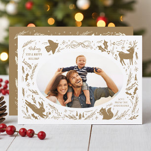 Happy Holidays Christmas Photo Woodland Doodle Holiday Card