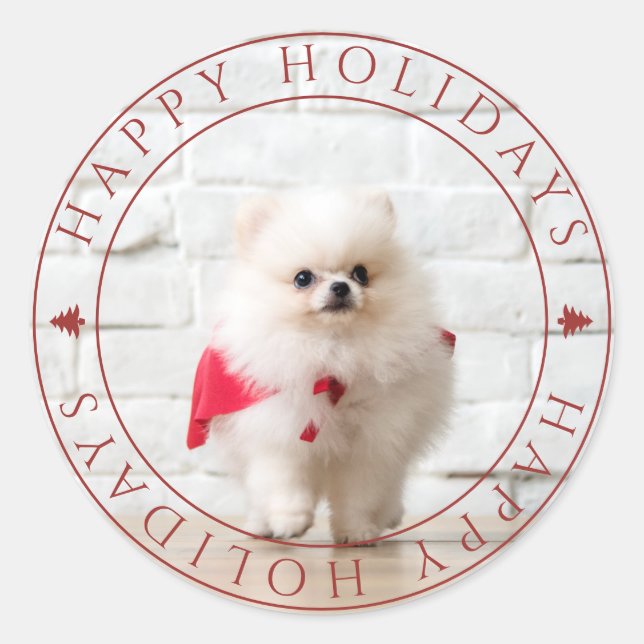 Happy Holidays Christmas Pine Tree Pet Photo Classic Round Sticker (Front)