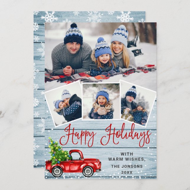 Happy Holidays Christmas Red Farm Truck 4 Photo Holiday Card (Front/Back)