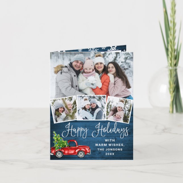 Happy Holidays Christmas Red Farm Truck 4 Photo Holiday Card (Front)