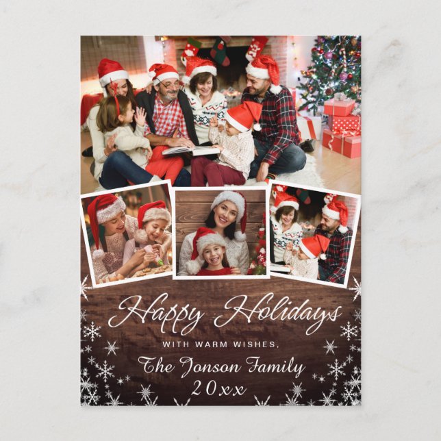 Happy Holidays Christmas Rustic 4 PHOTO Greeting Postcard (Front)