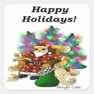 Happy Holidays Christmas Santa Cat Square Sticker