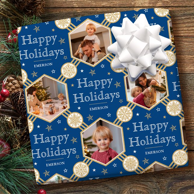 Happy Holidays Christmas Snowflake Photo Blue Wrapping Paper (Creator Uploaded)