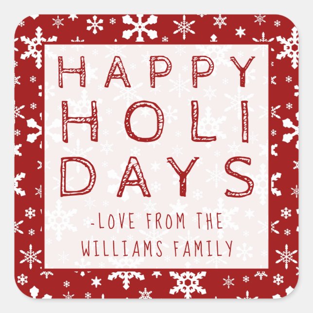 Happy Holidays Christmas Snowflakes Red and White Square Sticker (Front)