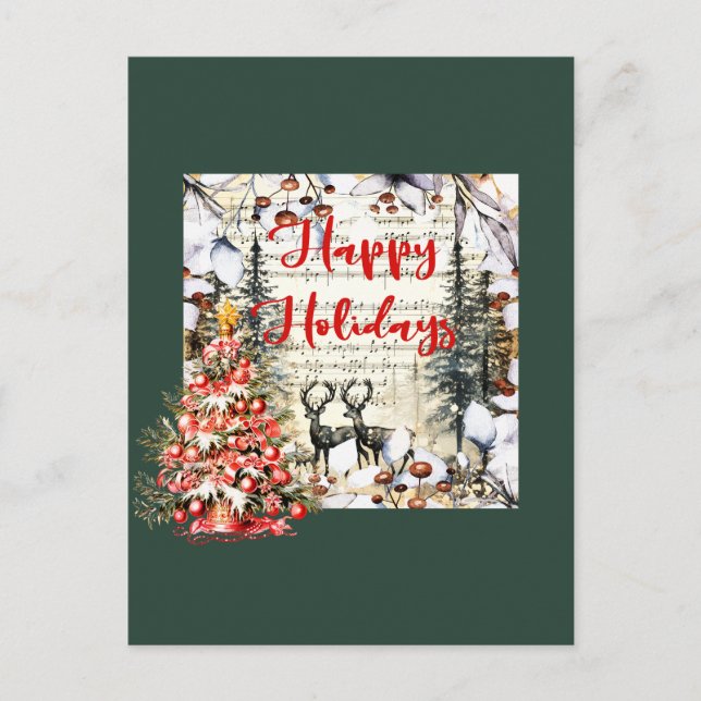 Happy Holidays - Christmas Tree and Deer Postcard (Front)