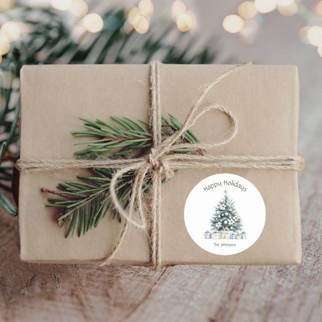 Happy Holidays Christmas Tree Family Name Classic Round Sticker (Creator Uploaded)