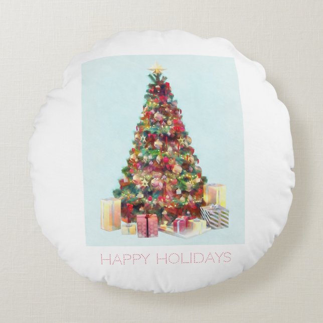 Happy Holidays. Christmas Tree Round Cushion (Front)