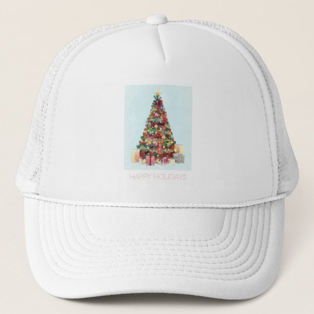 Happy Holidays. Christmas Tree Trucker Hat (Front)