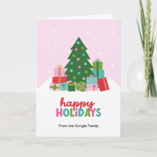 Happy Holidays Christmas Trees and Gifts in Pink Holiday Card