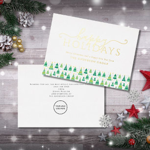 Happy Holidays Christmas Trees Business Logo Gold Foil Holiday Card