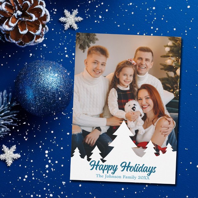 Happy Holidays Christmas Trees Family Photo Blue Holiday Card (Creator Uploaded)