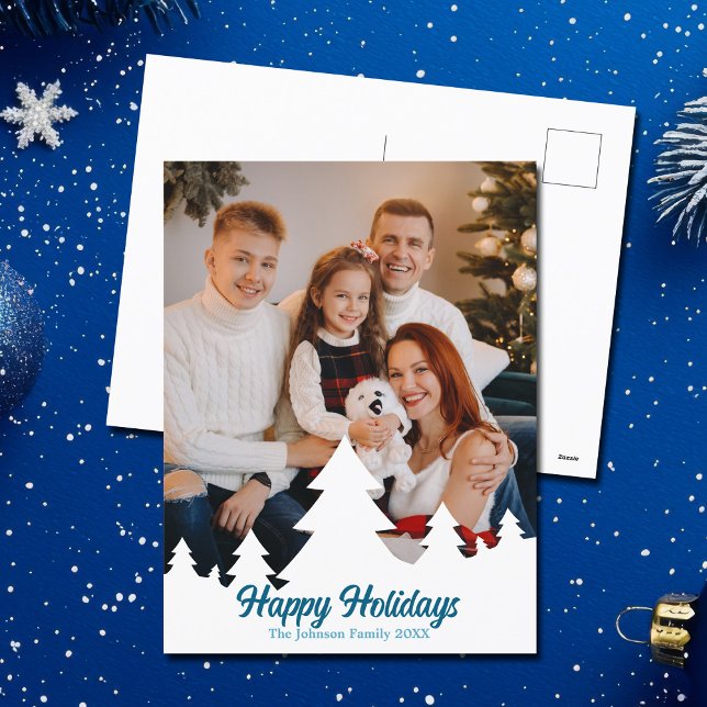 Happy Holidays Christmas Trees Family Photo Blue Holiday Postcard (Creator Uploaded)