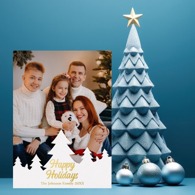 Happy Holidays Christmas Trees Family Photo Gold Foil Holiday Card (Creator Uploaded)