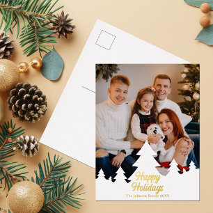Happy Holidays Christmas Trees Family Photo Gold Foil Holiday Postcard