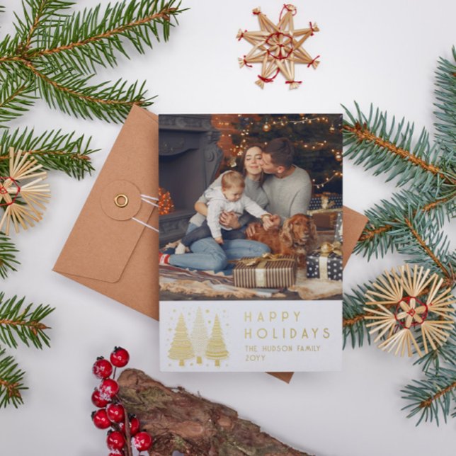 Happy Holidays Christmas Trees Simple Photo Foil Holiday Card (Creator Uploaded)