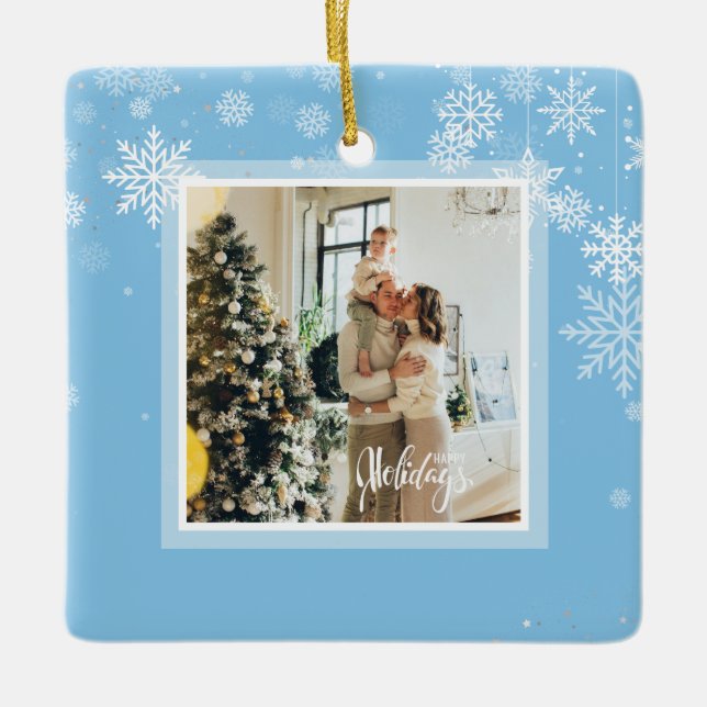 Happy holidays Christmas, white snowflakes, red Ceramic Ornament (Front)