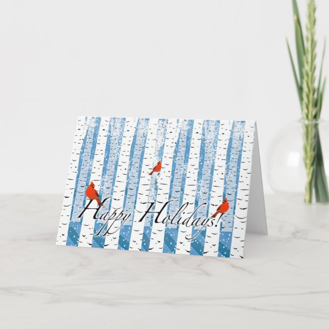 Happy Holidays Christmas with Cardinals in Birch Holiday Card (Front)