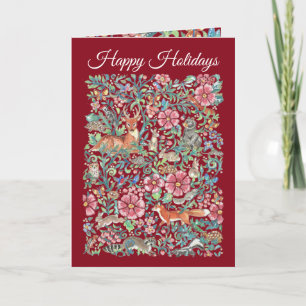 Happy Holidays Christmas Woodland Animals Burgundy Holiday Card