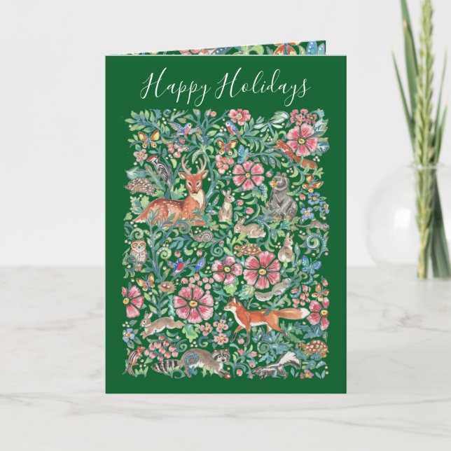 Happy Holidays Christmas Woodland Animals Green Holiday Card (Front)