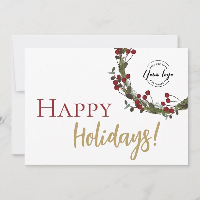 Happy Holidays Christmas wreath Simple Custom Logo Holiday Card (Front)