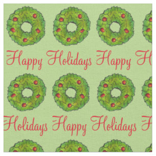 Happy Holidays Christmas Xmas Green Wreath Cookie Fabric